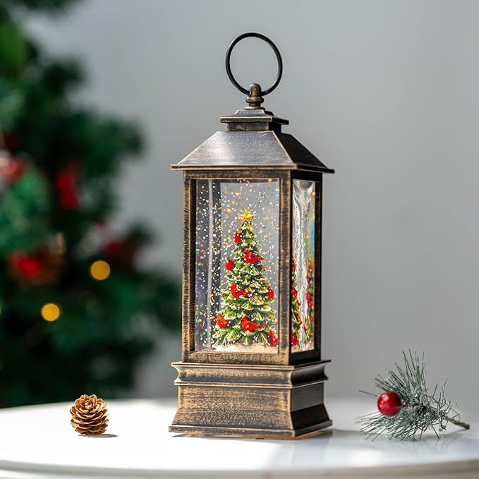 10" Lighted Christmas Tree Cardinal Music Snow Globe Water Lantern with Swirling Glitter Decoration for Christmas Home, Living Room, Battery Operated or USB Powered
