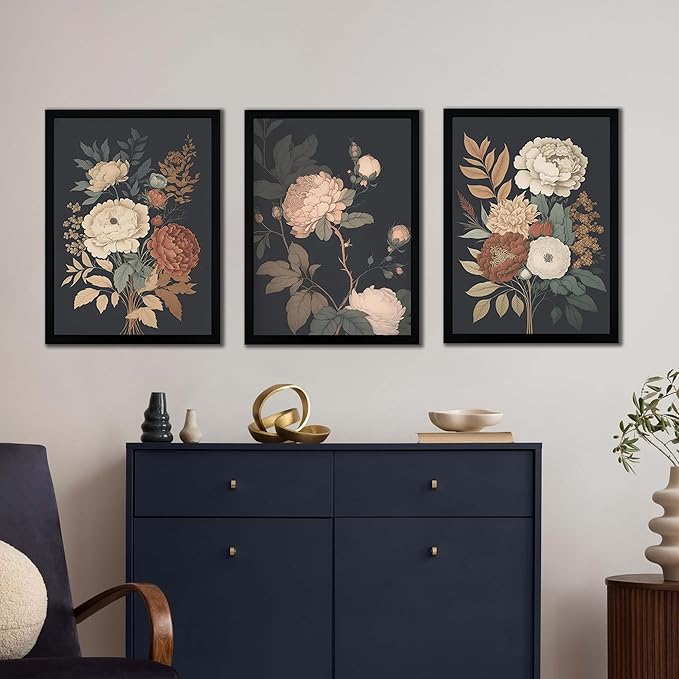 arfitest Vintage Floral Wall Art Dark Plant Canvas Wall Decoration Farmhouse Print Black Peony Painting Wall Decoration Moody Artwork For Living Room Bedroom 16x24 Inch Frame Three-Piece Set