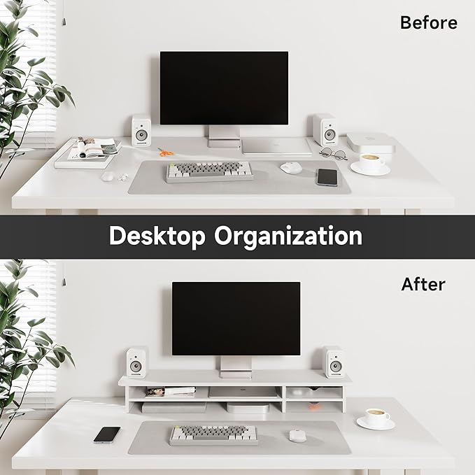 Fenge Monitor Stand, Dual Monitor Riser, 42.5inch Large Desk Computer Monitor Stand Riser with Drawer, 2 Tier Wood & Acrylic Desktop Organizer for Computer, Laptop, Printer, TV Screen Riser