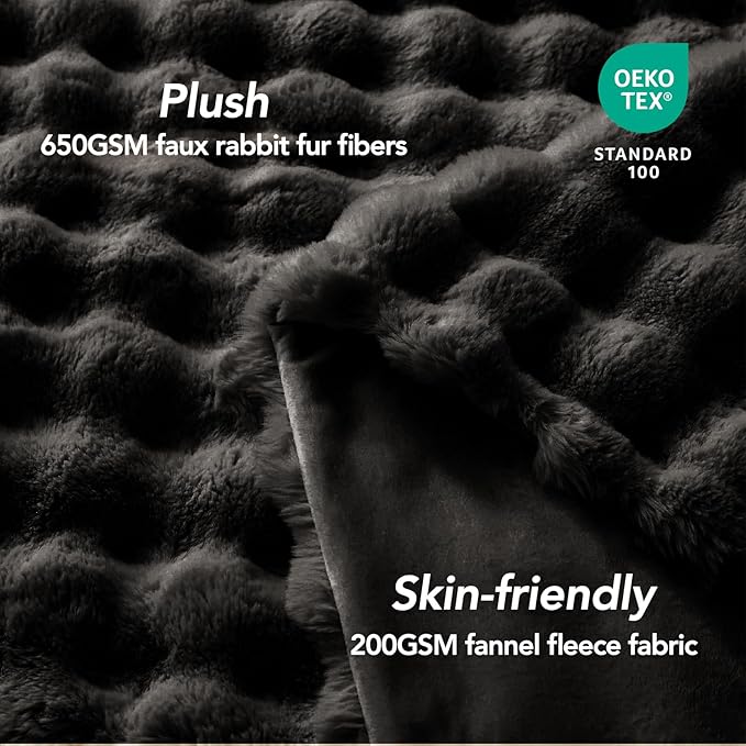 L'AGRATY Faux Rabbit Fur Blanket: 90" x 90" Queen Luxury Soft Fluffy Thick Fur Throw Blanket for Couch Bed Sofa - Cozy Plush Bubble Blankets for Winter: Flannel Fleece Decorative Blanket(Black)