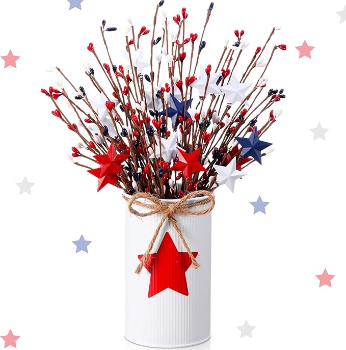 4th of July Table Centerpiece Decoration Patriotic Artificial Flower Stems Star Shaped Berry Picks with Metal Vase Pot for Independence Day Memorial Day Office Home(White and Red)
