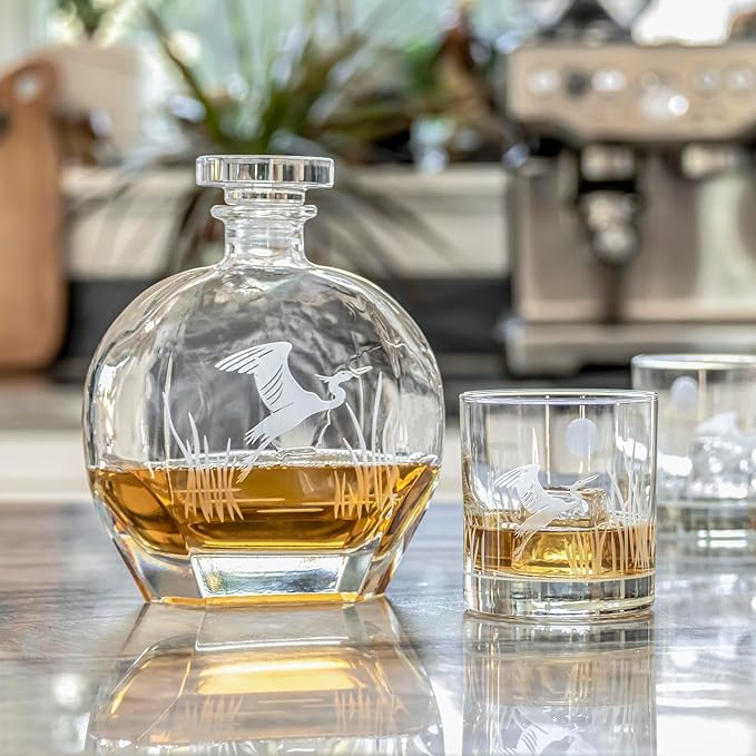 Rolf Glass Heron On the Rocks Glass | Set of 2 Etched 11oz Whiskey Glasses | Made in America | Coastal Bird Design | Diamond-Wheel Engraved and Sand Etched