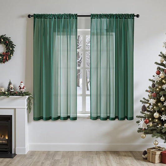 MIULEE Christmas Solid Color Sheer Window Curtains Elegant Window Voile Panels/Drapes/Treatment for Bedroom Living Room 2 Panels 54 X 45 Inches Hunter Green