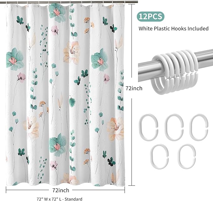 QiyI Watercolor Floral Shower Curtain, 3D Embossed Butterflies Teal Beige Flower Bathroom Curtain, Minimalist White Cloth Bath Curtains, Waterproof Fabric Textured Shower Curtain Set with Hooks, 72x72