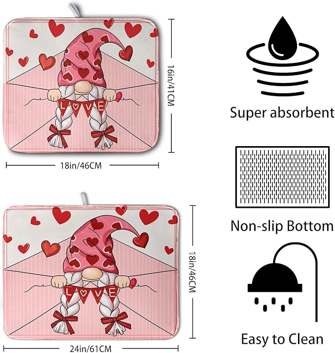 Valentine's Day Love Letter Dish Drying Mat for Kitchen Counter, Love Letter Gnome Absorbent Dish Pad Large Dish Drainer Mats for Countertop 16x18 Inch