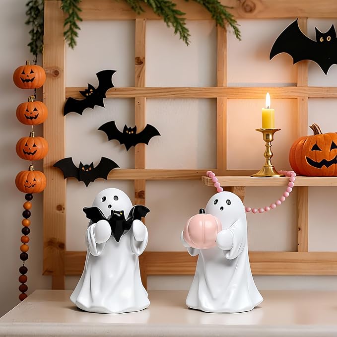 2Packs Halloween Ghost Figurine Decor,Cute Hallowen Statue for Home Decorative, Funny Spooky Hugging Pumpkins & Bats Figurine Hallowee Decor for Desk Office Table Centerpieces Ornament