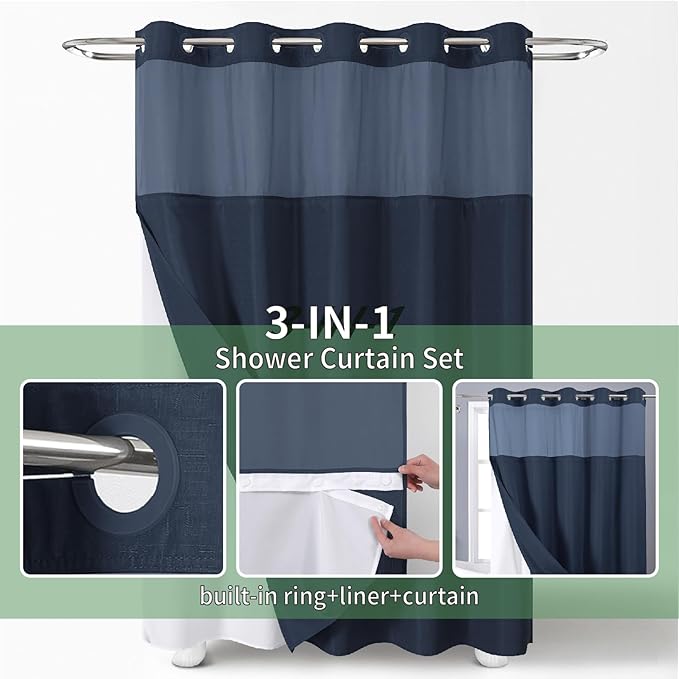 No Hook Shower Curtain with Snap-in Fabric Liner Set,Slub Textured Fabric Shower Curtains for Bathroom,Hotel Style Modern Shower Curtain,Water Repellent & Washable,71x74(72),Navy Blue
