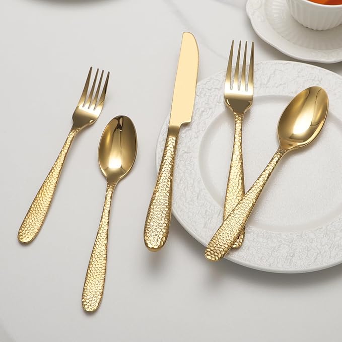Gold Hammered Silverware Set, 40 Piece Stainless Steel Heavy Duty Flatware Set for 8, Food-Grade Tableware Cutlery Set for Home Restaurant, Mirror Polished, Dishwasher Safe