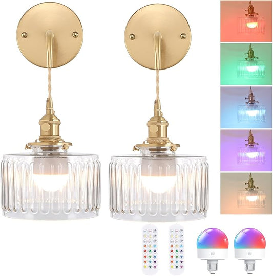 Battery Operated Wall Sconce with Clear Striped Shade Pattern Glass Adjustable Chain Retro Gold Wall Mounted Light, Modern Wall Decor for Bedside Bedroom Indoor Doorway， Set of 2
