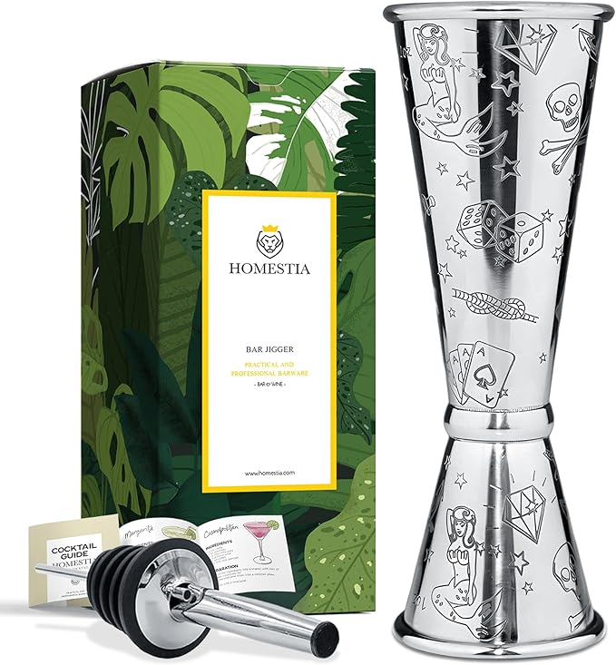 Homestia Jigger for Bartending with 1 Pourer, Japanese Jigger with Measurements Inside, Jigger 2oz 1oz, Shot Measure Jigger, Bar Jigger Bartender Tool Accessories (Silver)