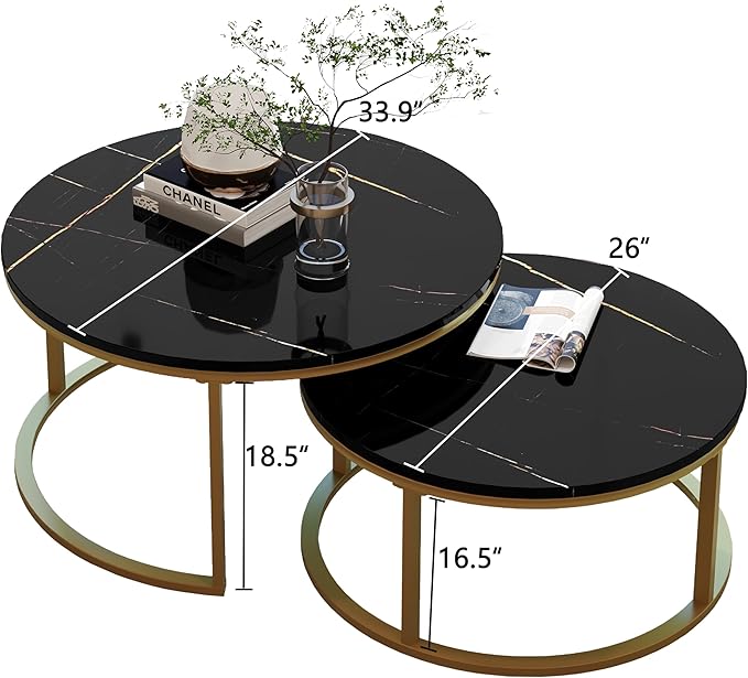 WiberWi Round Coffee Table Nesting Tables Set of 2, Large : Ø 34.0", Small : Ø 26.0", Modern Design Coffee Tables for Living Room, Gold Metal Frame Circle Cocktail Table, High Glossy Faux Black Marble