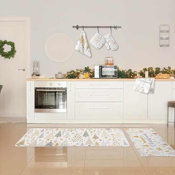 10 Pcs Christmas Kitchen Decor Set Kitchen Towels and Rugs Oven Mitts Pot Holders Absorbent Towels for Baking Cooking BBQ Gifts Home Decor(White and Gold,Understated)