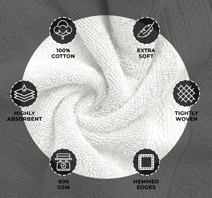 Avalon Towels Luxury 8 Piece White Towels Set, 2 Bath Towels, 2 Hand Towels and 4 Washcloths, 600 GSM 100% Ring Spun Cotton Highly Absorbent White Bathroom Towels, Ideal for Hotel, Spa and Gym