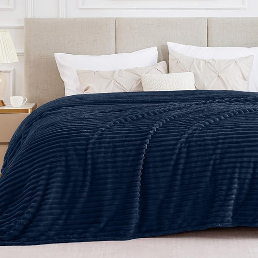 BEDELITE Blankets Queen Size for Bed, 300GSM Soft & Warm Fleece Blanket, Decorative and Giftable Striped Navy Blankets for Women, Men, 90"x90"