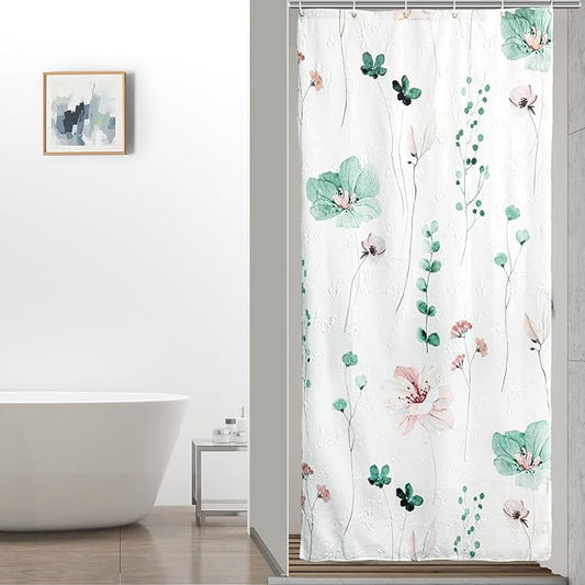 QiyI Small Stall Shower Curtain 36 x 72, Narrow Half Watercolor Floral Bath Curtain, 3D Embossed Sage Green Flower Cloth Bathroom Curtain, Waterproof Fabric White Shower Curtain Set with Hooks