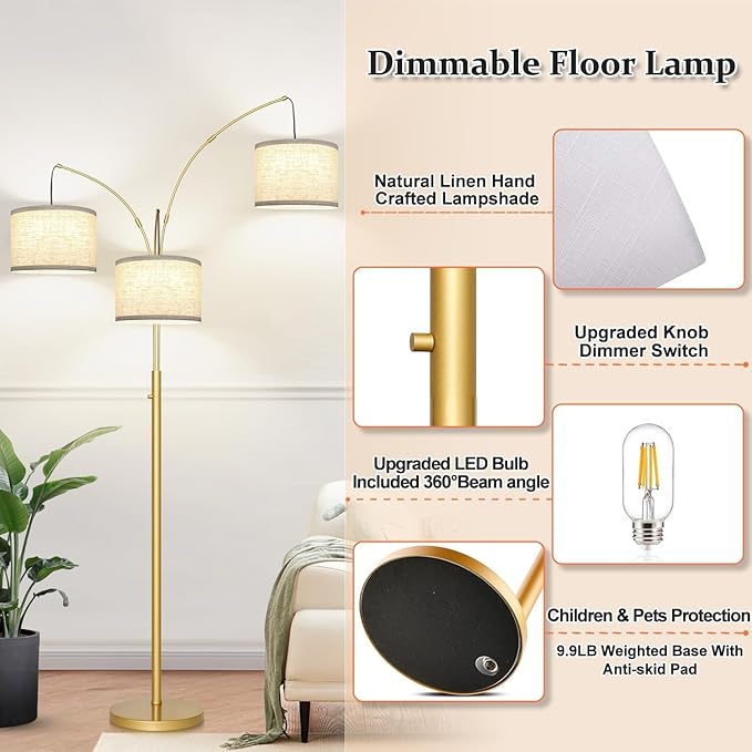 Nintiue Dimmable Floor Lamp - 3 Lights Gold Arc Floor Lamps for Living Room, 1000LM Modern Tall Standing Lamp with White Shades, Mid Century Tree Floor Lamp for Bedroom Office, 3 LED Bulbs Included