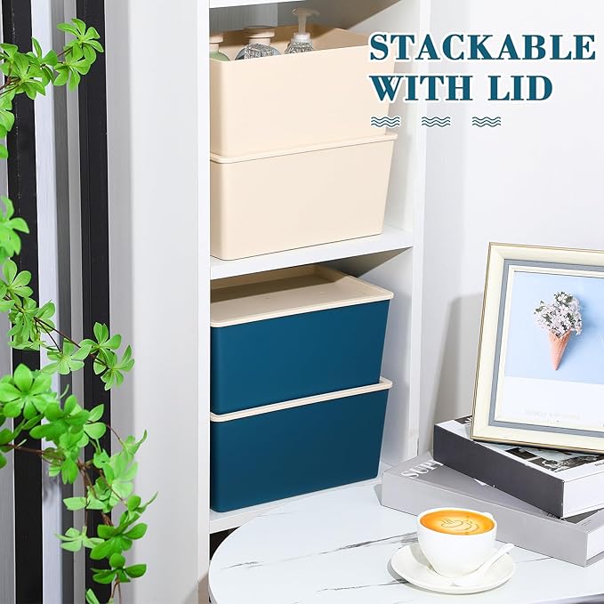 Menkxi 4 Pcs Storage Bins with Lids Plastic Containers Stackable Storage Box Baskets for Organizing Shelves(Beige, Blue,Small)