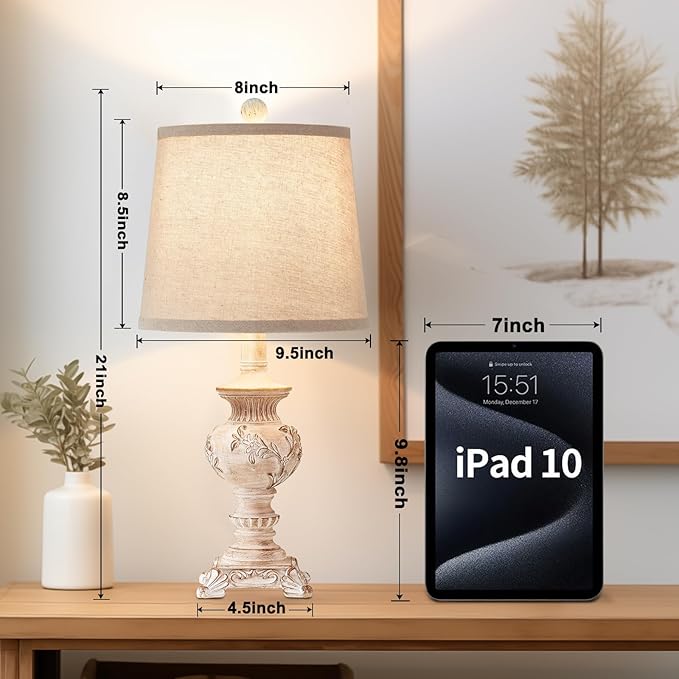 21'' Small Table Lamps for Bedroom Bedside Lamps Set of 2 Farmhouse Nightstand Lamps with Carved Floral Vintage Side Table Lamps for Living Room Kids Office, White, Bulb Not Include