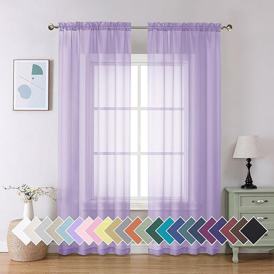 Aiyufeng Light Purple Sheer Curtain Panels Pair Sold 90 Inch Length, Light Filtering Window Curtain Drapes Treatment for Kitchen, Bedroom/Children Room, Voile Top Dual Rod Pocket, 2 Pack of 42 x 90"