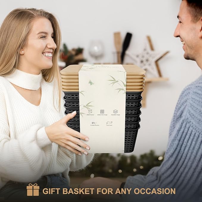 Small Storage Bins with Bamboo Lid, Plastic Storage Box with Lid, 5QT Stackable Organizing Basket with Lable, Storage Container for Classroom, Office, Closet, Shelf Organization, 10x7x4 In-Black-6 Pcs