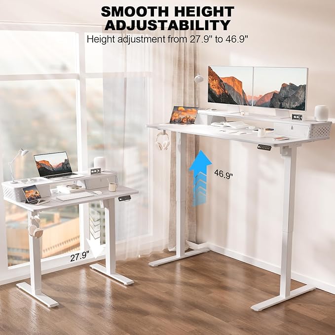 40 x 24 Inch Standing Desk with 2 Drawers, Easily Assembled Height Adjustable Desk, Ergonomic Sit to Stand Electric Desk for Home Office Workstation, White