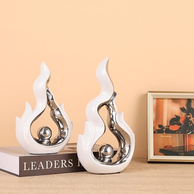 2 Pcs White and Silver Ceramic Sculptures for Home Decor, Modern Abstract Art Statues, Centerpieces for Dining Room Table, Living Room, Shelf, Mantel, Coffee Table, Entryway Accent Decorations