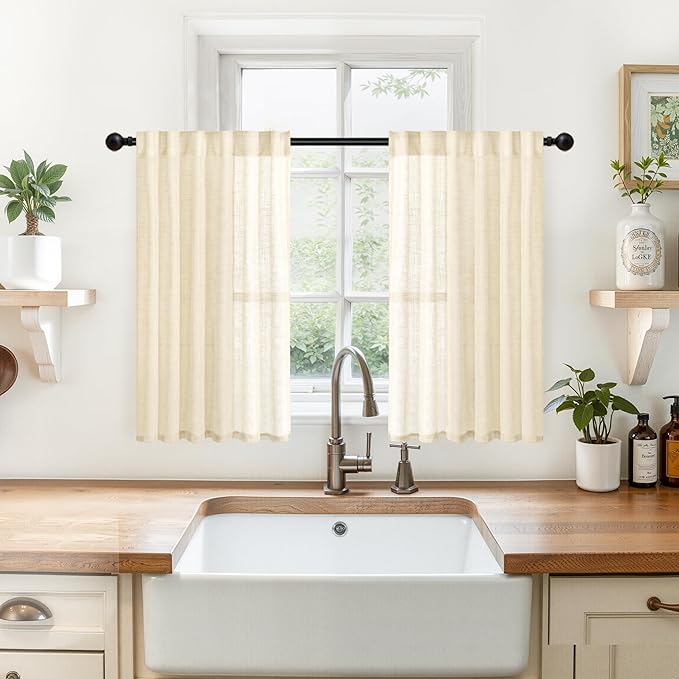 YoungsTex Linen Cafe Curtains 36 Inch Length 2 Panels, Half Window Drapes Light Filtering with Rod Pocket Back Tab for Bathroom Kitchen Window Over Sink, 2 Panels, Beige, 34 X 36 Inch