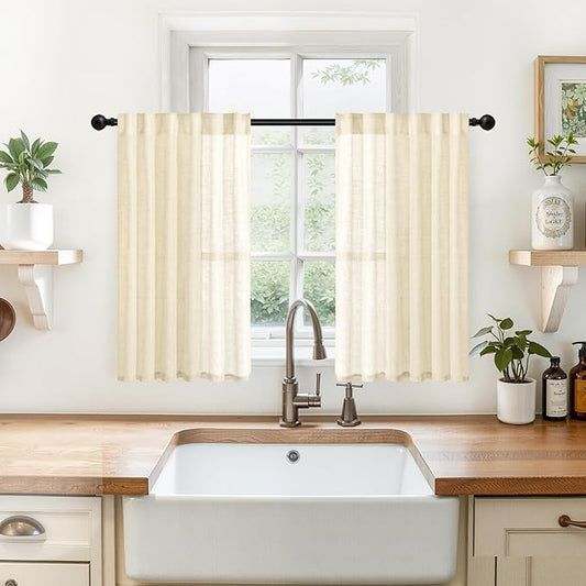 YoungsTex Linen Cafe Curtains 36 Inch Length 2 Panels, Half Window Drapes Light Filtering with Rod Pocket Back Tab for Bathroom Kitchen Window Over Sink, 2 Panels, Beige, 34 X 36 Inch