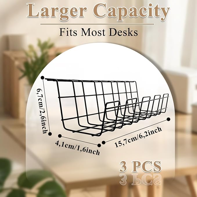 STARVAST 3 Pack Under Desk Cable Management Tray, Metal Wire Cable Management Tray Cord Organizer, Sturdy Wire Management Under Desk Shelf for Office, Studio and Home