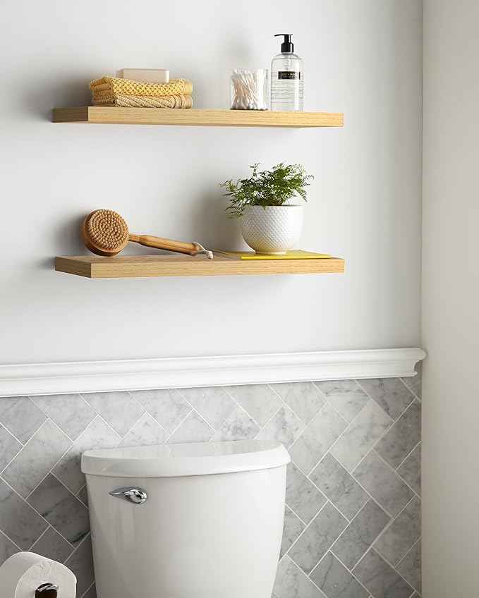 BAYKA Floating Shelves, 22.5 inch Rustic Wood Wall Mounted Shelves Bathroom, Bedroom, Living Room, Kitchen, Hanging Shelf for Books/Storage/Decor (Oak-Toned,Set of 2)