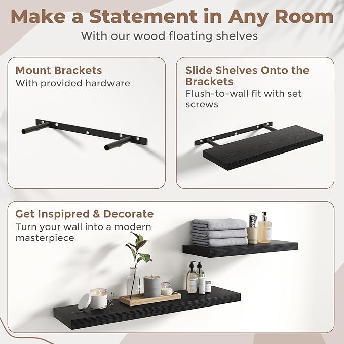 Floating Shelves for Wall with Invisible Brackets, Wall Mounted Engineered Wood Shelves with Wood Grain for Living Room, Bedroom, Bathroom, Kitchen Decor and Storage, Oak, 8"L Set of 3, Black