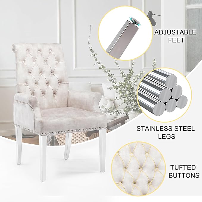 AODCHR Upholstered Velvet Accent Dining Chair, Elegant Tufted Dining Room Kitchen Room Arm Chair with Stainless Steel Leg, Beige