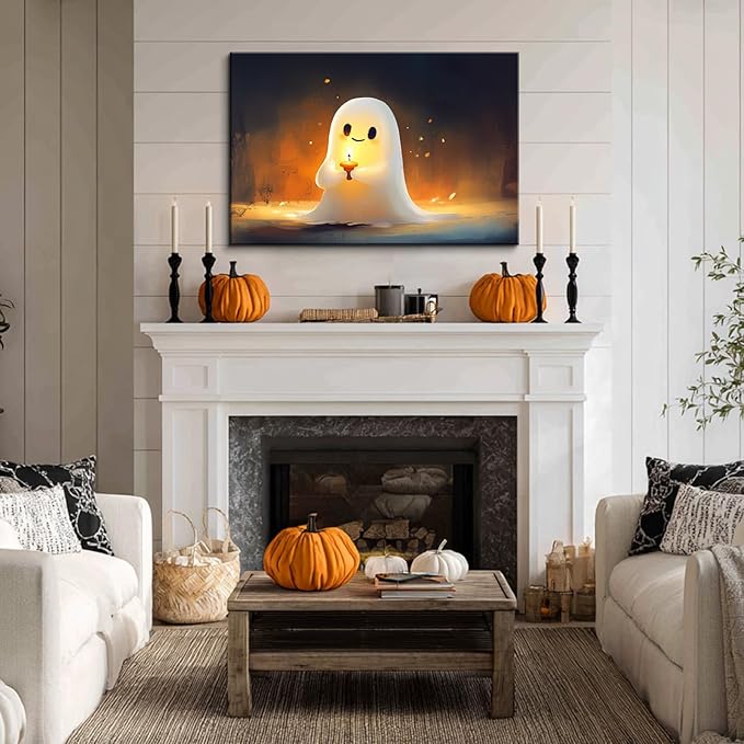 BANHUA1 Vintage Halloween Canvas Wall Art, Cute Ghost with Candle Picture Print, Dark Academia Wall Decor for Home, Living Room, Bedroom, 48 x 36 Inch