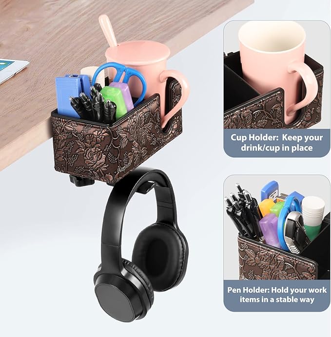 Desk Cup Holder Clip on Pen Holder Headphone Hanger Headset Stand Rotatable Clamp Hook Under Desk (Golden)