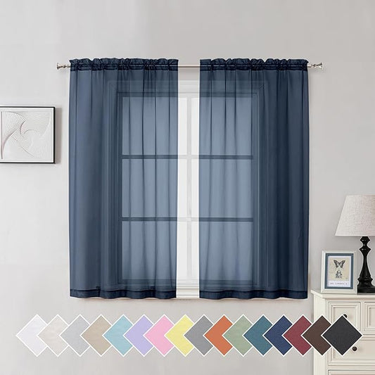 Aiyufeng Navy Blue Sheer Window Curtain Panels 54 Inch, Set of 2, Light Filtering Solid Voile Kitchen Curtains Drapes for Small Window/Kid's Room/Bathroom/Living Room/Bedroom, Rod Pocket, 40W x 54L