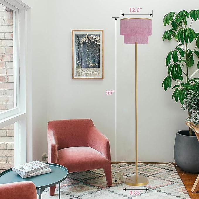 2 Light Gold & Pink Boho Floor Lamp with 2-Tier Tassels/Fringe Lampshade,66" Tall Mid Century Standing Bedroom Lamp,Soft Lighting Nursery Floor Lamp for Bedroom Livingroom