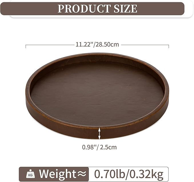 Hanobe Decorative Tray Round Serving: Faux Leather Coffee Table Trays Decor 12 inch Small Brown Circle for Bar Ottoman Party Modern Home Kitchen Counter Centerpiece