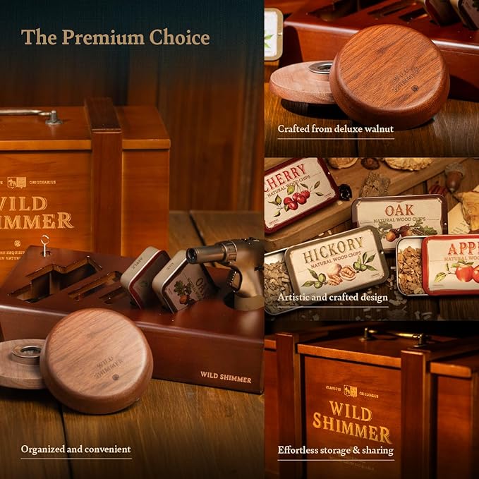 Cocktail Whiskey Smoker Kit with Torch, Wooden Box & Stand | Premium USA Walnut Smoker & 4 Flavors Natural Wood Chips | Old Fashioned Smoker Kit | Bourbon Gifts for Men