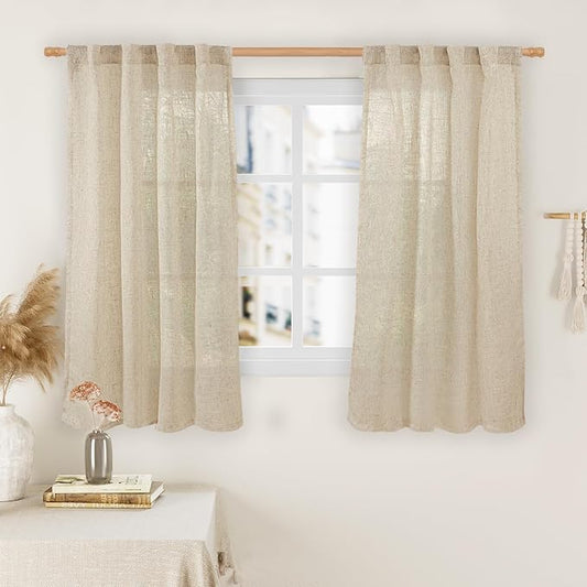 LAMIT Semi Sheer Window Linen Curtains 54 Inch Length, Light Filtering Panels Back Tab and Rod Pocket Neutral Drapes for Bedroom/Living Room, Linen, 2 Panels, 34 x 54 Inch