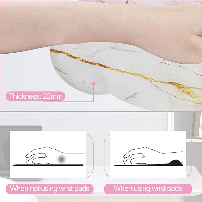 White Gold Flowing Marble Mouse Pad with Wrist Rest and Keyboard Wrist Rest Set, Non-Slip Rubber Base Memory Foam Mouse Pad Set for Women, Office Desk Accessories, Gaming