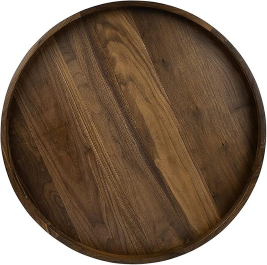 26 x 26 inches Extra Large Round Ottoman Table Tray, Wooden Solid Black Walnut Circle Platter Decorative Serving Tray with Handle for Oversized Ottoman Home Breakfast in Bed Tea Coffee