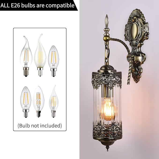 Rustic Wall Sconce with Clear Glass,Vintage Antique Gothic Wall Light Fixture E26 Mid Centry Lantern Bedside Sconces Wall Lighting for Living Room Bathroom Hallway Mirror