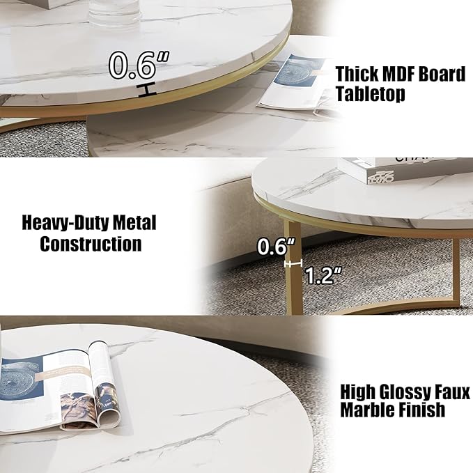 WiberWi Round Coffee Table Nesting Tables Set of 2, Large : Ø 34.0", Small : Ø 26.0", Modern Design Coffee Tables for Living Room, Gold Metal Frame Circle Cocktail Table, High Glossy Faux White Marble