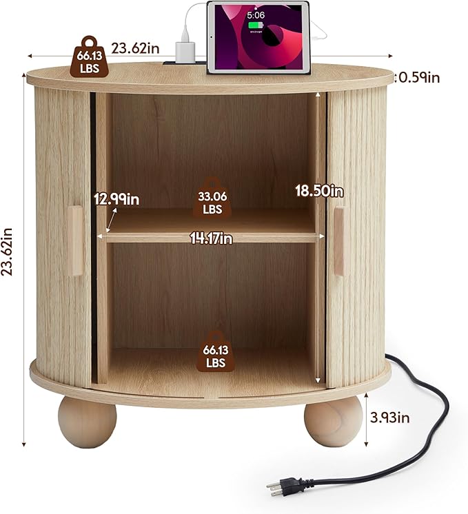 AVZEAR 24" Large Round End Table with Charging Station, Farmhouse Fluted Sofa Side Table with Sliding Tambour Door & Storage, Mid-Century Wood Nightstand for Living Room, Bedroom, Natural