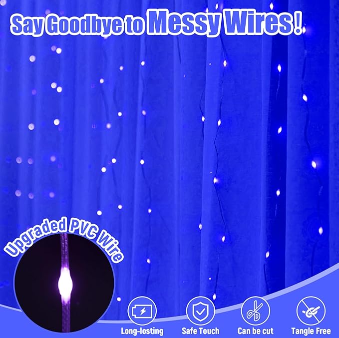Blue Pixie Curtain Light, 9.8ft x 9.8ft Untangled Copper Wire String Lights, USB Powered Hanging Window Fairy Lights, 8 Lighting Modes, Remote Control for Home Christmas Wedding Party