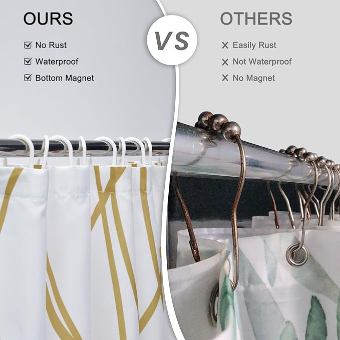 Punkray Gold Light Brown and White Striped Wavy Line Polyester Shower Curtain for Bathroom with Hooks, Extra Long Shower Curtain Set Decor Weighted Hem Washable, 72 x 78