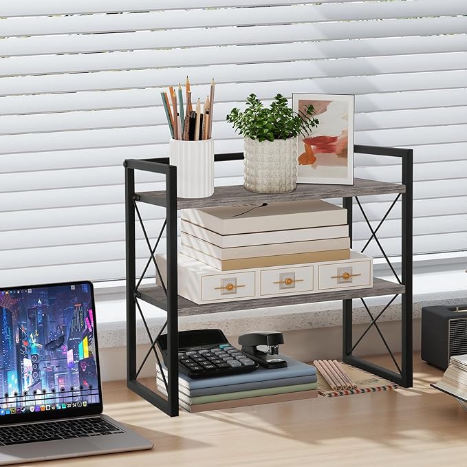 YINMIT Desktop Shelf Organizer, 2 Tier Office Shelves, Wood Desk Organizer Storage Rack and Freestanding Display Shelf for Office, Dormitory, Home (Grey)