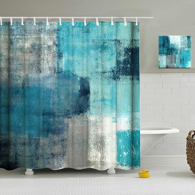 Teal Blue Shower Curtain Turquoise and Grey Modern Abstract Art Painting Bathroom Curtains Waterproof Polyester Fabric Bathroom Curtain 72 x 72 Inch with 12 Hooks