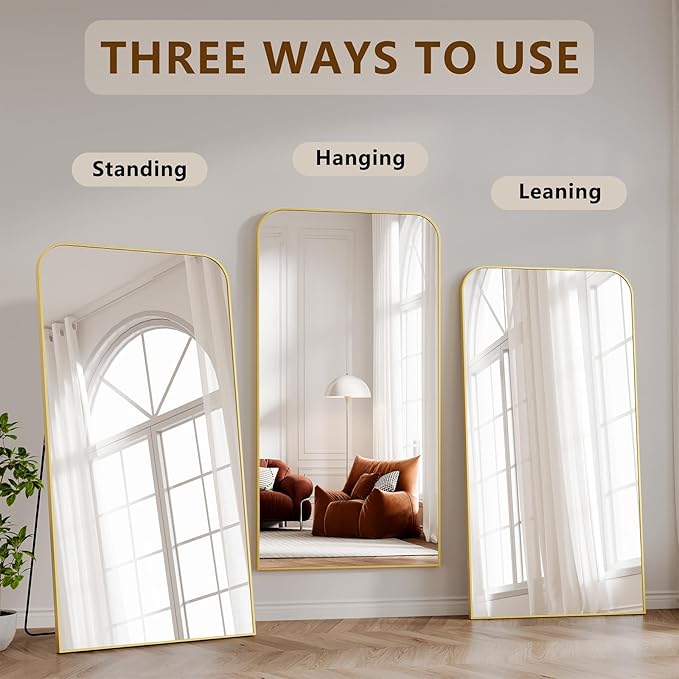 Koonmi Full Length Mirror, 76"x34" Mirror Full Length with Stand, Gold Domed Top Square-Edged Floor Mirror with Aluminum Alloy Frame for Bedroom Living Room