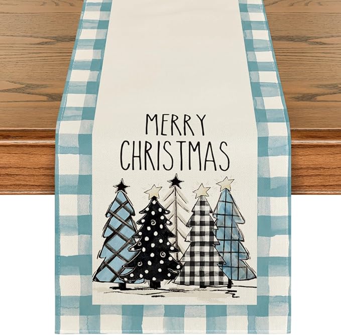Artoid Mode Bule Watercolor Buffalo Plaid Christmas Trees Merry Xmas Table Runner, Seasonal Winter Holiday Kitchen Dining Table Decoration for Indoor Outdoor Home Party Decor 13 x 108 Inch